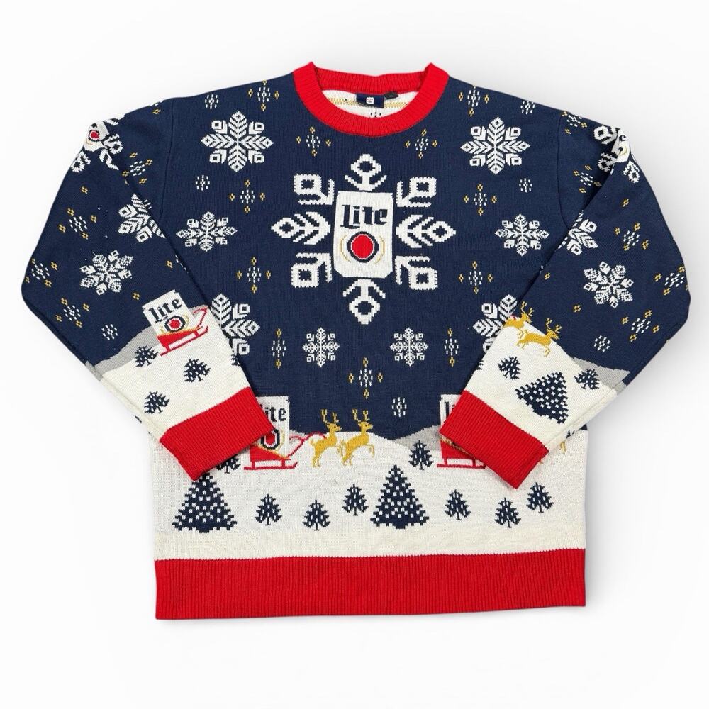 Miller Lite Ugly Christmas Sweater XL Snowflake Reindeer Beer Can Holiday Knit - Picture 1 of 9